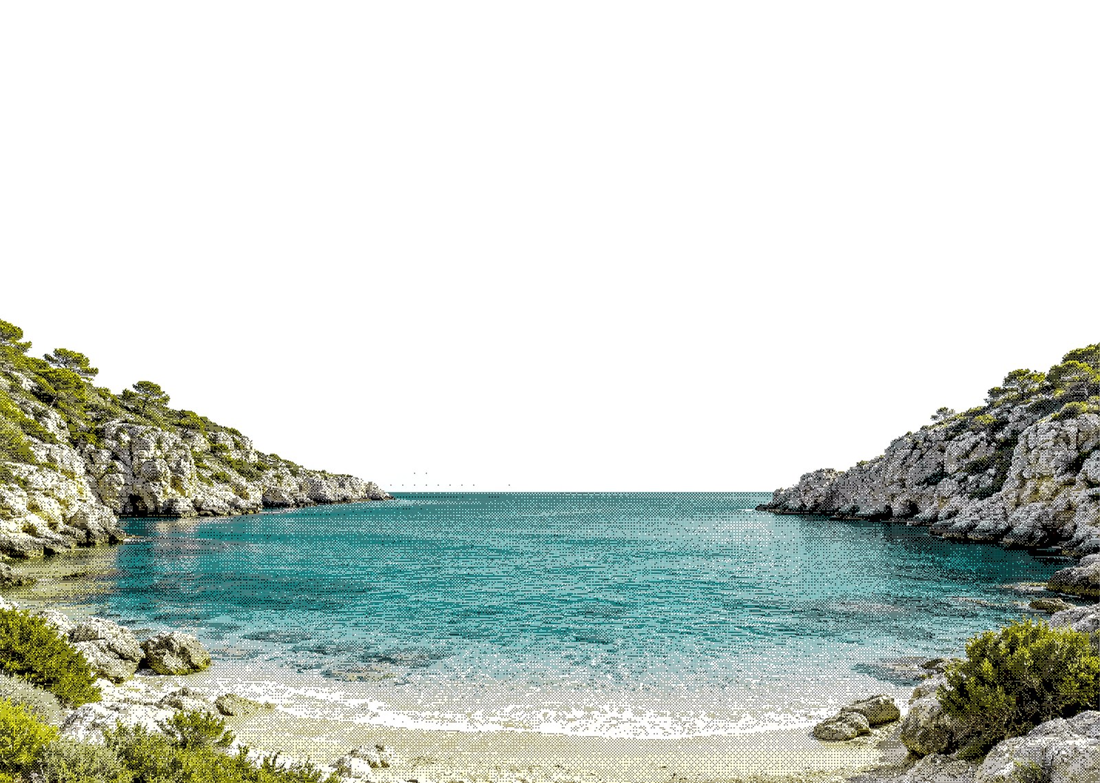 A quiet coastal cove — turquoise water framed by limestone cliffs and a pale shoreline.